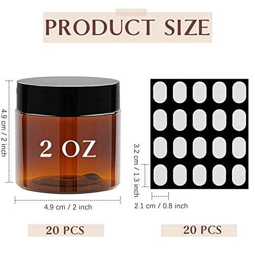 20 Pack 2 oz Amber Plastic Jars with Lids and Labels, Empty Salve Containers Refillable Cosmetic Jars for Creams, Lotion, Body Scrubs