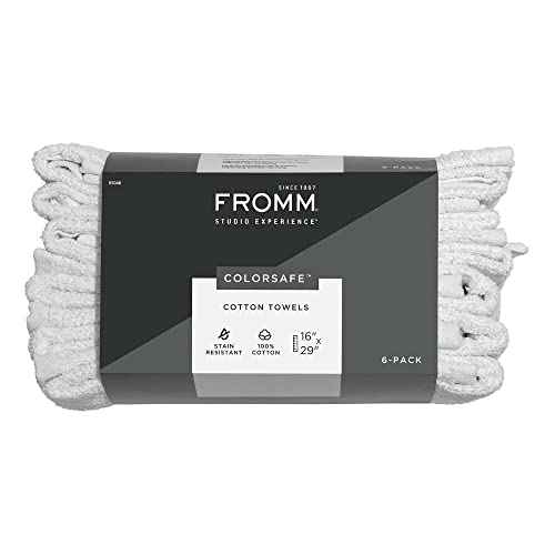 Fromm ColorSafe 100% Cotton Bleach Proof Salon Hair Towels for Hairstylists, Barbers, Spa, Gym in White, 16" by 29", 6 count Absorbent Stain Resistant Towels for Drying Curly, Long, Wavy Hair