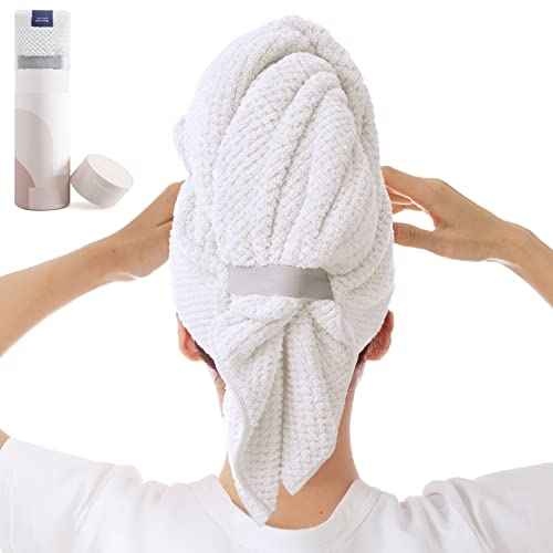 Large Microfiber Hair Towel Wrap for Women, Anti Frizz Drying Towel, Fast Dry Turban Wet Hair, Long, Thick, Curly Super Absorbent Soft Towels - White