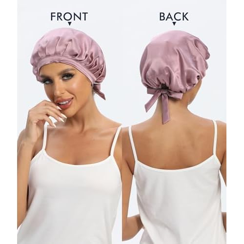 Cocheng 100% Mulberry Silk Bonnet Double-Sided Sleep Cap with Adjustable Ribbon 19 Momme Silk Bonnet for Sleeping (Bean Pink)
