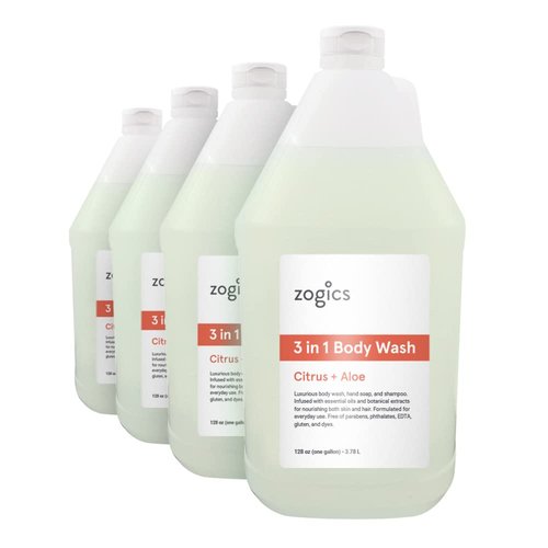 Zogics 3-in-1 Body Wash – Body Soap, Shampoo, and Hand Soap Liquid Refill All-in-One, Hydrating Plant-Based Formula, Refreshing Citrus + Aloe Scent (4 Gallons/Case)