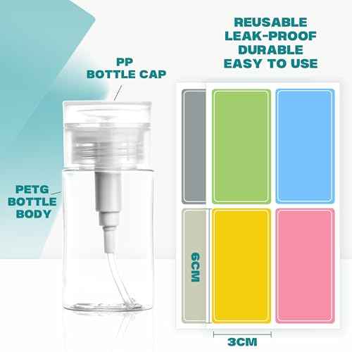 3 Pack Push Down Pump Dispenser,Clear Push Top Empty Bottles with DIY Stickers for Alcohol,Nail Polish,Makeup Remover,Toner (80ml)