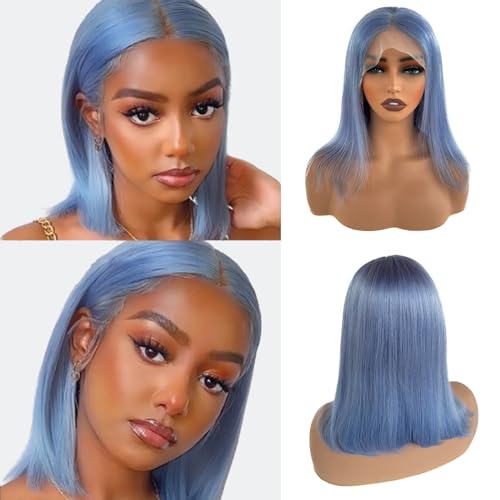 Light Blue Wigs 100% Brazilian Virgin Human Hair,Shiny and Bouncy 10A Grade Bob Wigs,13x4 HD Transparent Straight Lace Front Human Hair Wig 180% Density,Small Knots Easy to Bleach(16Inch,Light Blue)