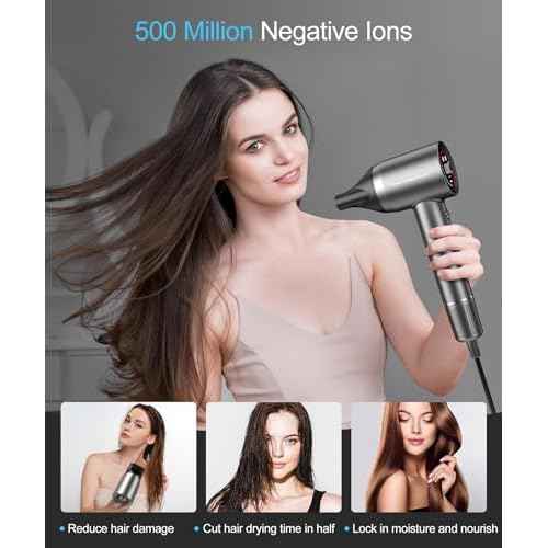 Hair Dryer - Negative Ionic Blow Dryer with 150000 RPM High Speed Brushless Motor for Fast Drying, Low Noise, HD Display Hair Dryer with Diffuser and Nozzle, 5 Temps & 2 Speeds