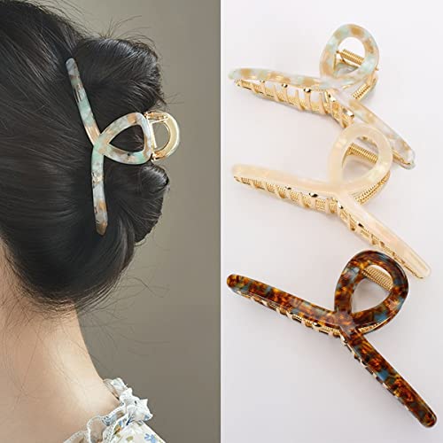 3Pack Large Metal Acetate Hair Claw Clips for Thick Thin Hair, Fashion Big Hair Clamp Hair Styling Accessories as Gift for Wife Girlfriend (Ivory White,Green White,Amber)