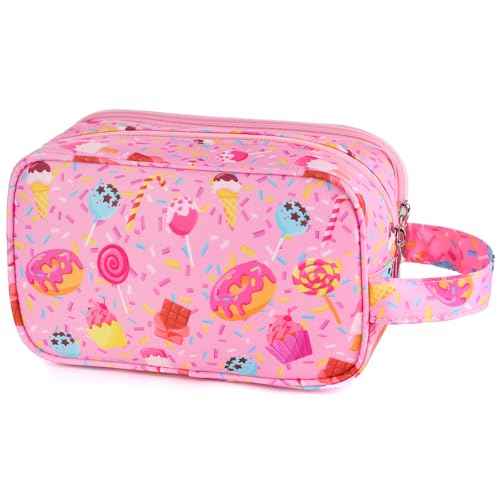 Kids Toiletry Bag for Girls, Travel Toiletry Bag for Little Young Girls Cosmetic Bag Makeup Bag Waterproof Hanging Wash Bag Toddler Toiletries, Candy Pink