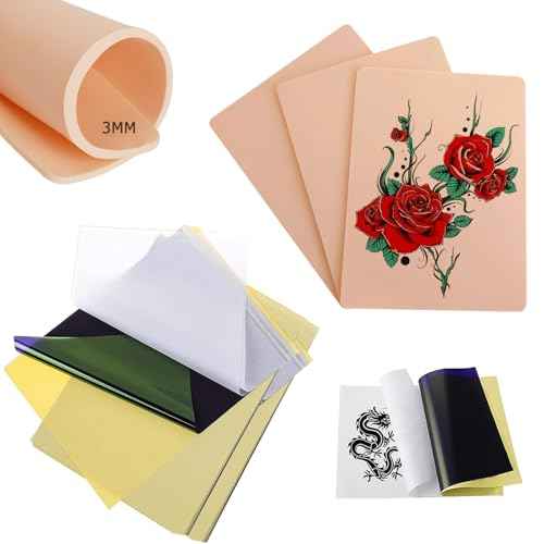 3MM Tattoo Skin Practice Kit - Ruicoo 3Pcs Tattoo Fake Skin 10Pcs Transfer Paper Kit Includes Best Silicion Thick Skin Double Sided and Tattoo Stencil Paper Tattoo Supplies Tattoo Kit