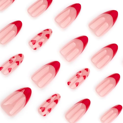 SINHOT Valentines Day Press on Nails Medium Almond Fake Nails Glossy Glue on Nails Cute Love Heart Stiletto Artificial Nails Red French Tip Acrylic Nails False Nails with Design 24 pcs