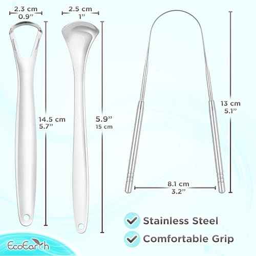 Tongue Scraper for Adults - 3 Pcs Metal Tongue Cleaner with Silver Storage Case - Tough Stainless Steel Mouth Scrubber for Fresh Breath & Oral Hygiene - by EcoEarth