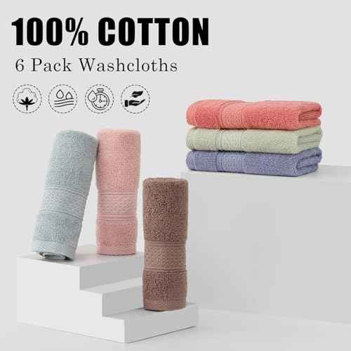 6 Pack 100% Cotton Washcloths Set, Highly Absorbent and Soft Feel Fingertip Towels, 13 x 13 in Quick Dry Face Cloths