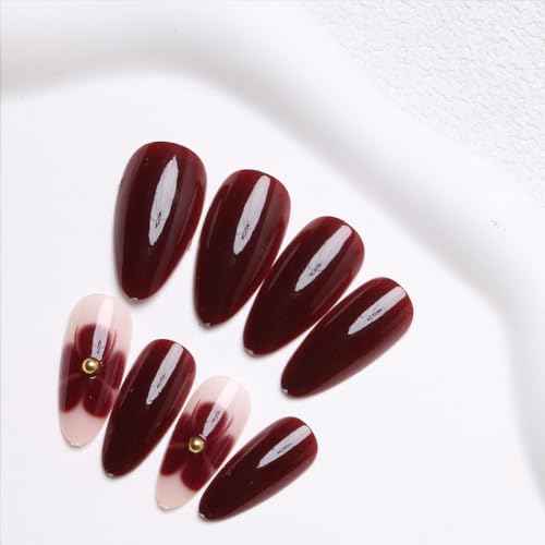 24Pcs Flower Press on Nails Almond Red Fake Nails with Cute Floral Design Spring Wine Red Glue on Nails Medium Length Full Cover Stick on Nails for Women Acrylic False Manicure