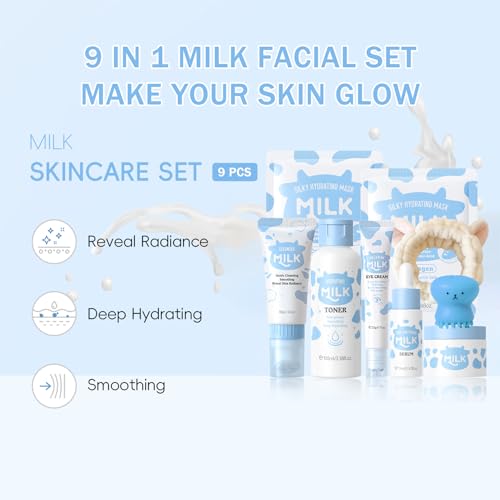 9PCS Milk Skin Care Sets for Women, Kids Skin Care Set for Girls Ages 8-12, Girls Skin Care for Kids Age 8-12, Cleanser,Serum,Cream,Eye Cream,Toner,Masks,Hairband,Brush, Gifts for Teenage girls