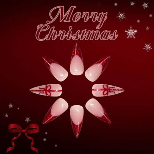 Christmas Nail press ons Red Fake Nails Long Stiletto False Nail with Bow Design Glitter Glue on Nails Artificial Acrylic Full Cover Stick on Nail for Women Girls Xmas Manicure 24Pcs