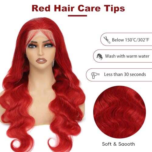 Red Body Wave Lace Front Wigs Hot Red Wig Human Hair 13x6 Frontal Wigs Human Hair Pre Plucked Red Body Wave Wig for Black Women 180% Density 26 Inch