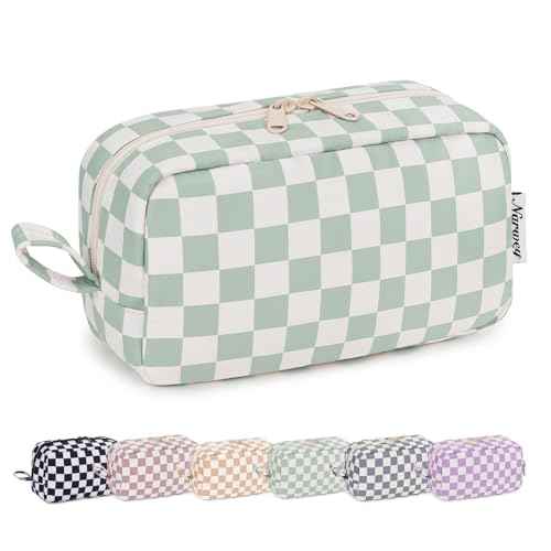 Narwey Checkered Makeup Bag Travel Cosmetic Bag Organizer Small Toiletry Bag Make Up Bags with Comparments for Women and Girls, Gift for Teen Girls (Mint Green Checkerboard, Large)