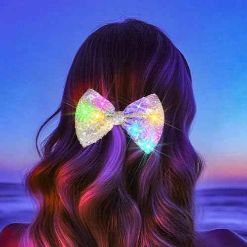 Woeoe Light Up Sequin Hair Bows Clips Glitter Bow Hairpin Glow Hair Bows Accessories Birthday Party for Women and Girls (Silver)