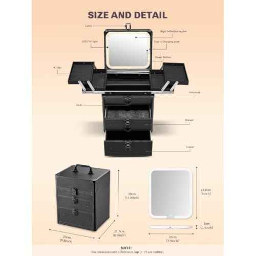 Qislee Makeup Box with Double Drawers and Four Trays, A Detachable Lighted Mirror, Waterproof Travel Train Case, Cosmetic Organizer and Makeup Suitcase with Magnetic LED Mirror(Black)