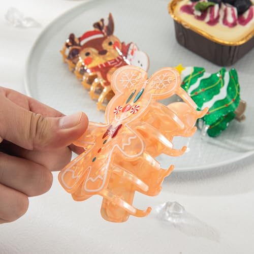 Glitter Christmas Tree Gingerbread Hair Claw Clips for Women - Christmas Reindeer Hair Claw Clips 3inch Winter Holiday Strong Grip Clips for Thick/Thin Hair Acrylic Hair Clips 3Pcs