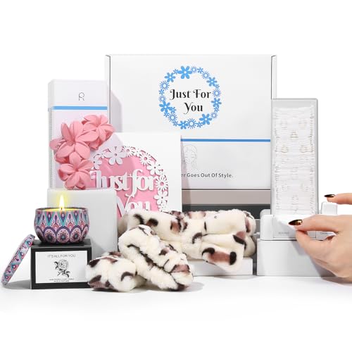 Cotton Pad Holder Birthday Gifts Sets For Women,Automatic Reusable Square Dustproof Waterproof Cosmetic Bathroom Pad Dispenser include Cotton Pads,Headband,Wrist Bands,Hair Clips Scented Candles