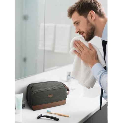 WANDF Toiletry Bag for Men Travel Toiletry Organizer Canvas and Leather Dopp Kit Water-Resistant Shaving Bag for Travel Accessories (Green, Large)