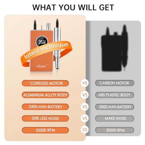 Kredioo Nail Drill Professional Super Quiet with Coreless Motor 35000RPM Electric File 6+1 Tungsten Bits Kit Portable Strong Drill para u?as Profesional Remove Acrylic Nails Dip Powder-Orange