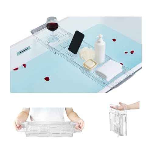 Bathtub Caddy Tray,Adjustable Bathtub Tray Table, Bath Organizer for Relaxing Spa-Features 2 Cup Holders, A Phone Stand with 5 Angle Adjustments,Non-Slip Silicone Pads,Won't Get Moldy,Easy to Clean.