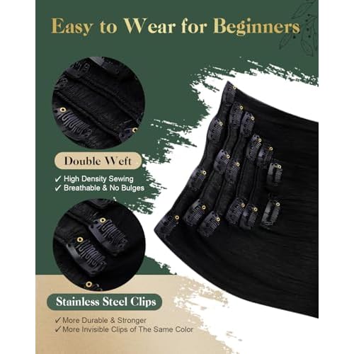 Ugeat Jet Black Clip in Hair Extensions Human Hair 18 Inch Real Hair Clip in Extensions for Beginner Real Human Hair Clip ins No Glue Needed 7pcs 120g Jet Black