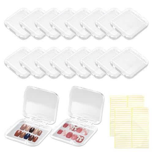 16 PCS Clear Press on Nail Packaging Press on Nail Case for Fake Storage Display Salon Nails Nails Container Boxes with 60 PCS Adhesive Double