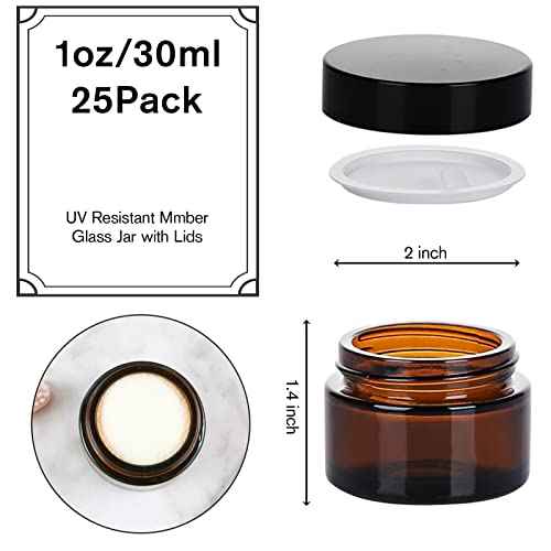 1oz Glass Jar with Lid, Hoa Kinh 25Pack Amber Round Containers Cosmetic Glass Jars with Inner Liners and Black Lids Travel Jars for Storing Lip and Body Scrub, Lotion, Body Butter, Bath Salts, Liquid