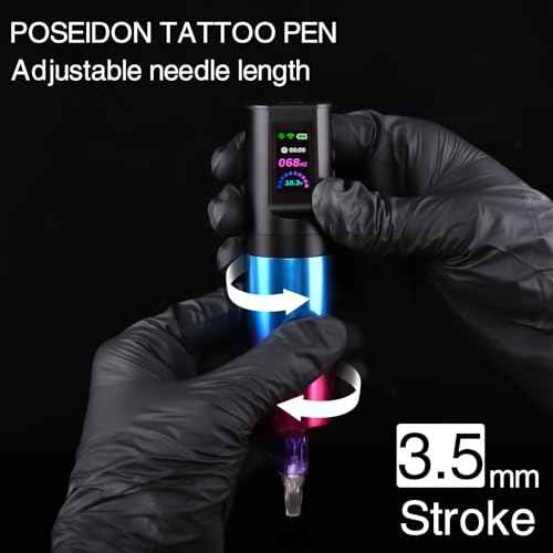 Tattoo kit POSEIDON, Tattoo Pen Kit with 20 PCS Tattoo Cartridge Machine, Tattoo Pen with 1800mAh Capacity Wireless Power, Tattoo Gun kit with Japan Coreless Motor Digital Display for Tattoo Equipment