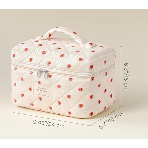 HBselect Quilted Makeup Bag, Portable Cotton Large Travel Makeup Bag, Cute Coquette Strawberries Floral Cosmetic Bags Toiletry Bags for Women Teen Girls Mom