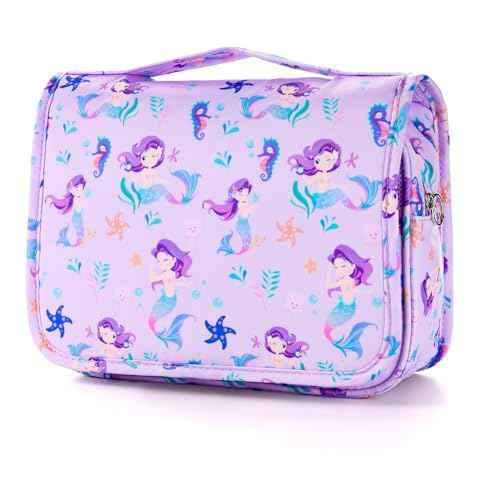 Kids Hanging Toiletry Bag for Girls, Travel Toiletry Bag for Little Young Girls Cosmetic Makeup Waterproof Wash Bag Toddler Traveling Toiletries, Mermaid Purple