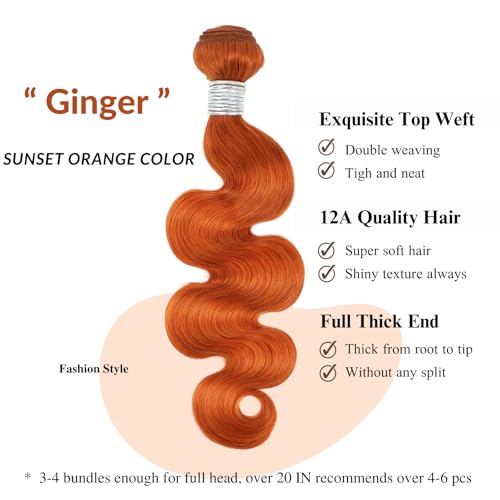 12A Ginger Body Wave Bundles Human Hair, Soft And Shed-Free Colored #350 Copper Burnt Orange 3 Bundles Double Weft 100% Unprocessed Brazilian Remy Hair Ginger Sew In Wavy 10 12 14 Inch