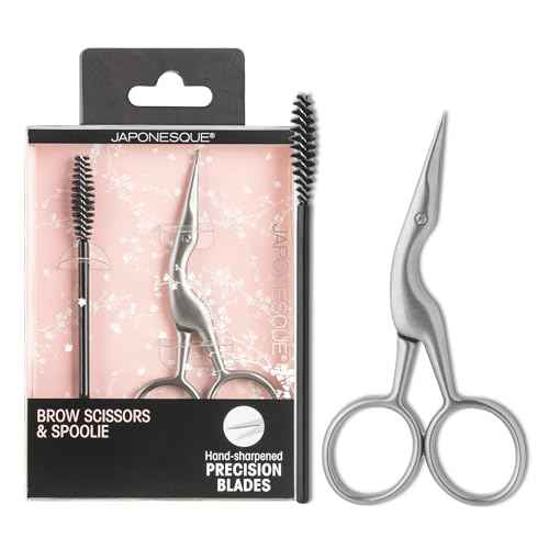 JAPONESQUE Brow Scissors and Spoolie, Stainless Steel Scissors for Brow Grooming and Trimming, Brush Tool for Brow Shaping