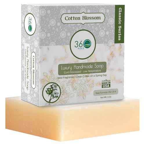 360Feel Clean cotton Soap 5 oz Castile Handmade Soaps -Refreshing Spring scent- Essential Oil Natural Mans Soap bar- Anniversary Wedding Gifts- Made in USA-Gift ready Cotton Blossom