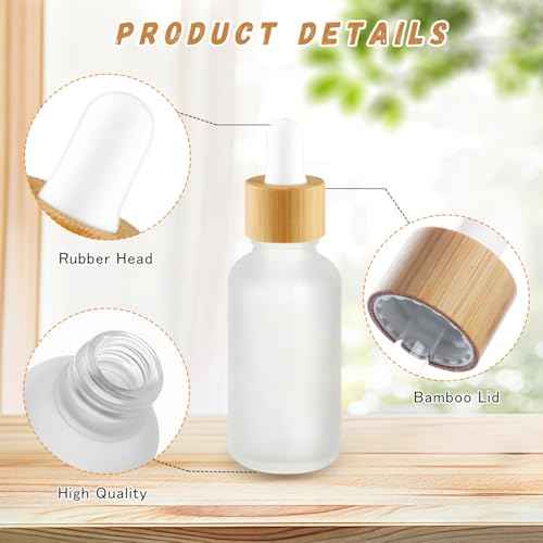 12 Pcs Frosted Glass Dropper Bottle Refillable Essential Oil Container Jars with Eye Dropper & Bamboo Lids for Perfume Sample Cosmetic Liquid Travel - 30ml/1oz
