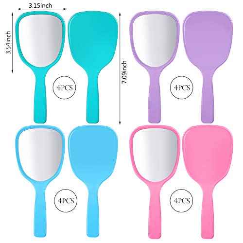 Hicarer 16 Pcs Hand Handheld Mirror with Handle Plastic Travel Makeup Handheld Cosmetic Mirror for Travel, 3.15 Inch Wide, 7.09 Inch Long (Blue,Green,Pink,Purple)