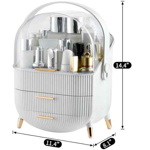 CANITORON Makeup Organizer,Skincare Organizer with 2 Drawers and Transparent Cover,Cosmetic Display Case for Vanity Organizer and Bathroom Countertop Storage.(White)