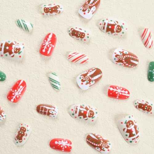 24Pcs Christmas Press on Nails Medium Almond Fake Nails with Snowman Snowflake Design Stick on Nails Bling Glitter False Nail Artificial Acrylic Glue On Nail for Women Nail Art Decoration