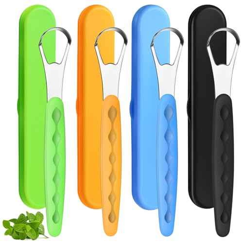 4 Pcs Tongue Scraper Cleaner Adults and Kids Stainless Steel Tongue Brush Metal Tongue Scraper Reduce Bad Breath with Travel Cases for Men Women Oral Mouth, Orange, Black, Green and Blue
