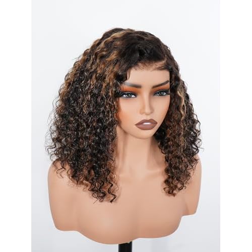 ISEE Hair Highlight Glueless Bob Wigs Human Hair Pre Plucked Pre Cut 2/30 Honey Blonde Curly Human Hair Wig for Black Women Ombre Water Wave 5x7 HD Lace Closure Wigs with Elastic Band 10 Inch