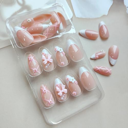 Almond Press on Nails White French Tip Fake Nails 3D Flower Pink Bow Nail Designs Luxury Acrylic Artificial Nails Full Cover False Nails French Natural Fit Stick on Nails for Women 24Pcs