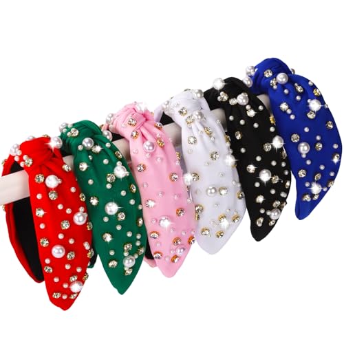 6Pcs Holiday Headbands for Women, Solid Color Rhinestones for Christmas Halloween Fall Valentine Day Knot Hair Hoops, Festive Pearl Hair Accessory Gift (6 Colors)