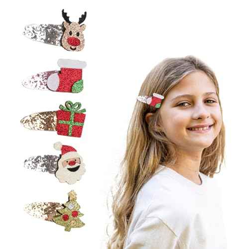 5pcs Christmas Hair Clips for Girls, Cute Reindeer Hair Clips Sparkly Sequins Hairclips Glitter Santa Clause Hair Barrettes Snap Clips, Christmas Hair Accessories Party Favors Gifts for Girls Toddlers
