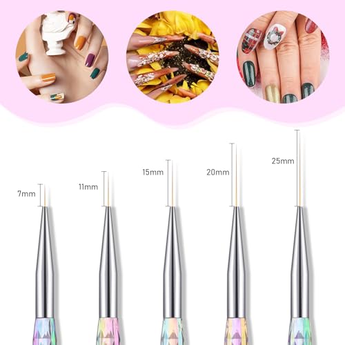 5PCS Nail Art Liner Brushes - Liner Brush For Nail Gel Fine Drawing,Thin Liner Nail Brush Set Size 7/11/15/20/25mm Striper Brushes Christmas Gift for Women