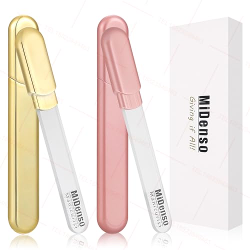 Premium Gift, Glass Nail File with Case, 2 Pack Crystal Nail Files for Natural Nails, Artificial Nails Manicure Pedicure Nail Care Kit Set, Xmas Present for Women and Man(Gold+Champagne)