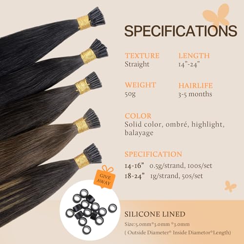 DOORES I Tip Hair Extensions, Balayage Chocolate Brown to Caramel Blonde 50g/50s 24 Inch, Itip Extensions Human Hair For Women Human Hair Cold Fusion Hair Extensions Straight Itip Extensions