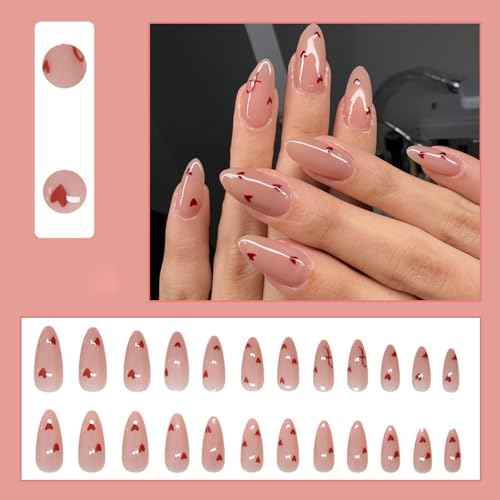 24Pcs Heart Press on Nails Medium Almond Fake Nails Valentines Glue on Nails Nude Pink Full Cover False Nails Red Love Hearts Artificial Acrylic Nails Stiletto Stick on Nails for Valentines Nails