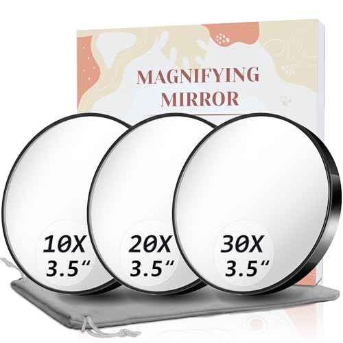 Magnifying Mirror, 10X & 20X & 30X Set, Magnified Mirrors 3.5" with Two Suction Cups, Travel Magnifying Mirror Set Comes with Portable Storage Bag, Compact Small Magnified Mirrors for Travel(Black)