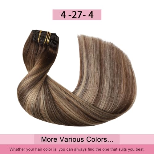 Pro2.0 Clip in Hair Extensions Real Human Hair 120g Thick 7pcs Color #4/27/4 Chocolate Brown to Caramel Blonde Remy Real Human Hair Extensions Clip ins 14inch Double Weft£¨#4/27/4-14inch£©